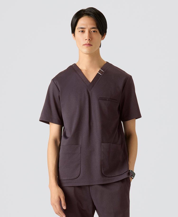 Mens:DECO Elegant Stretch Scrub Scrub Tops #color_Bordeaux_end