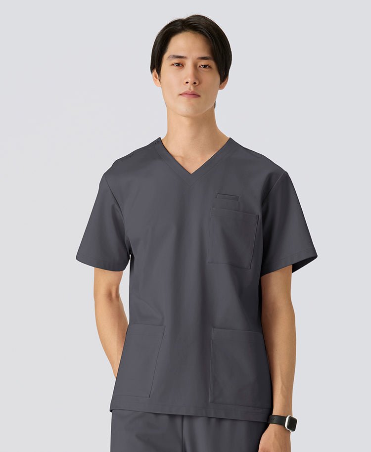 Mens:LUXE Silky Shine Scrub Tops #color_Charcoal gray_end