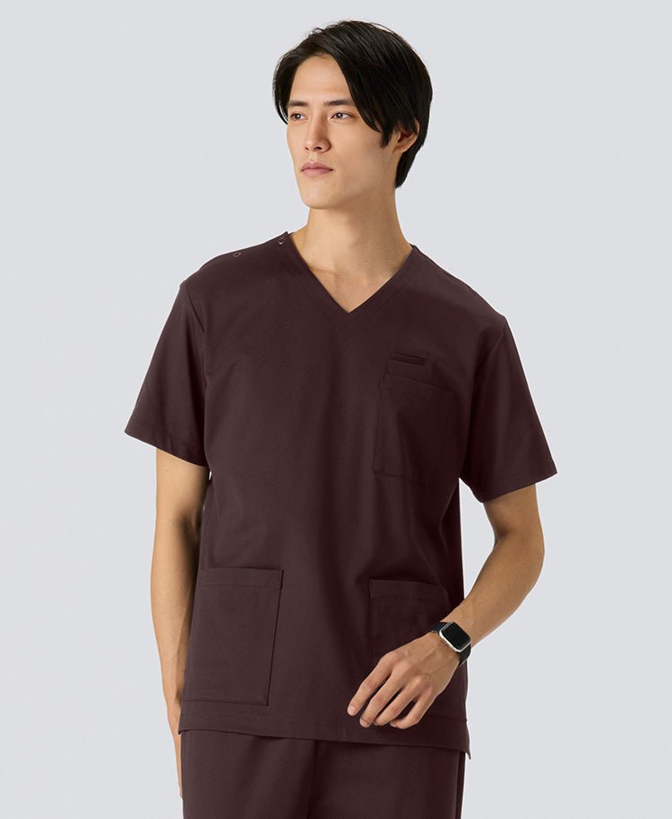 Mens:LUXE Silky Shine Scrub Tops #color_Burgundy_end