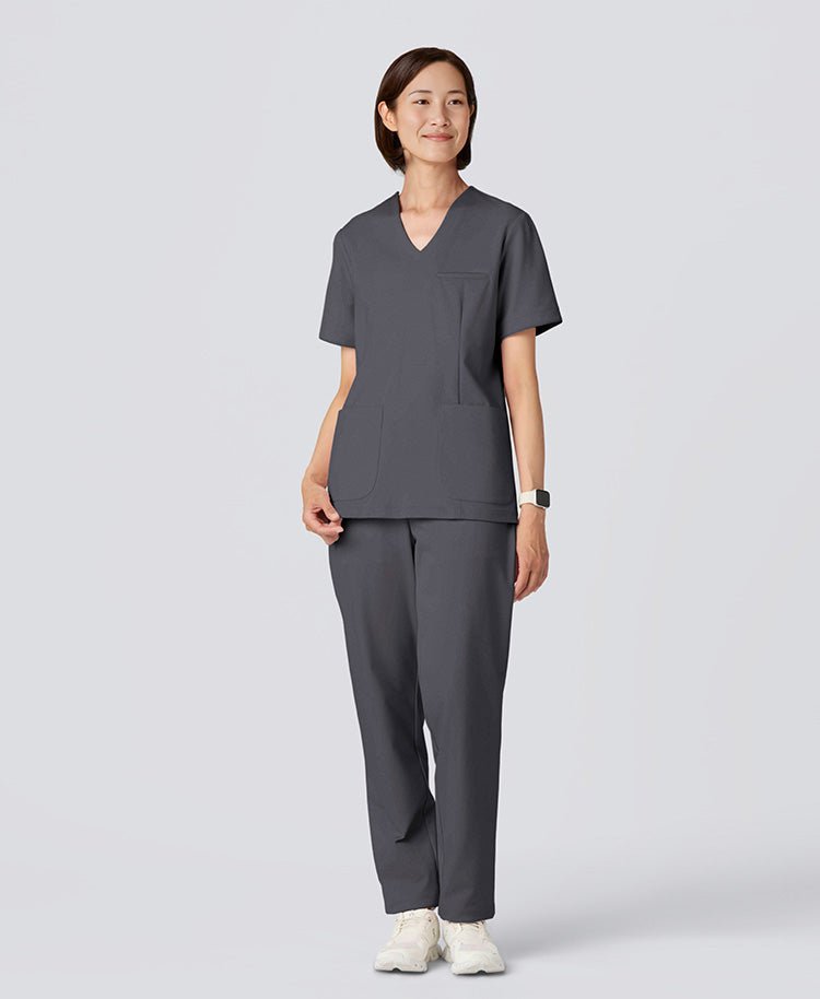 Womens:LUXE Silky Shine Scrub Pants #color_Charcoal gray_end