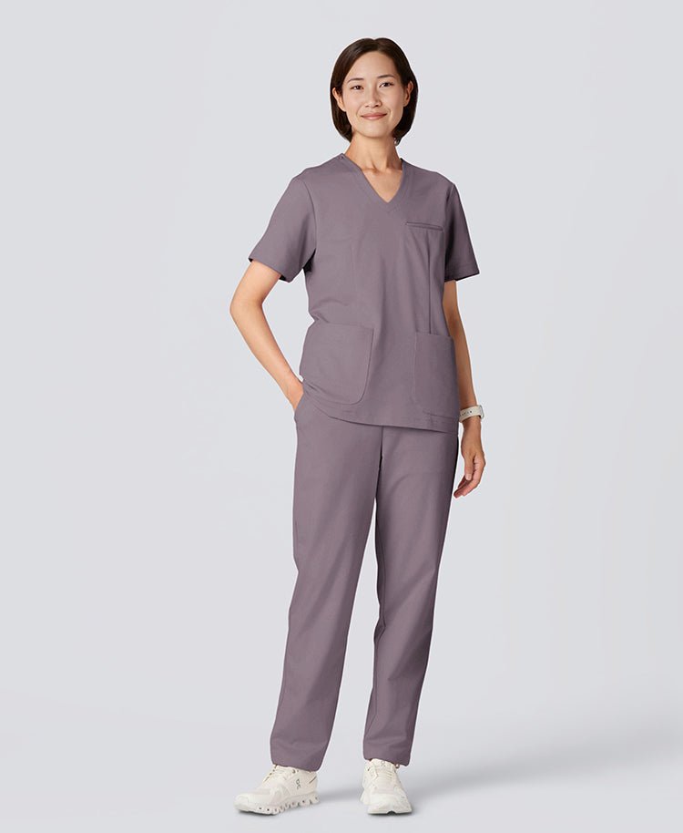 Womens:LUXE Silky Shine Scrub Pants #color_Purple gray_end