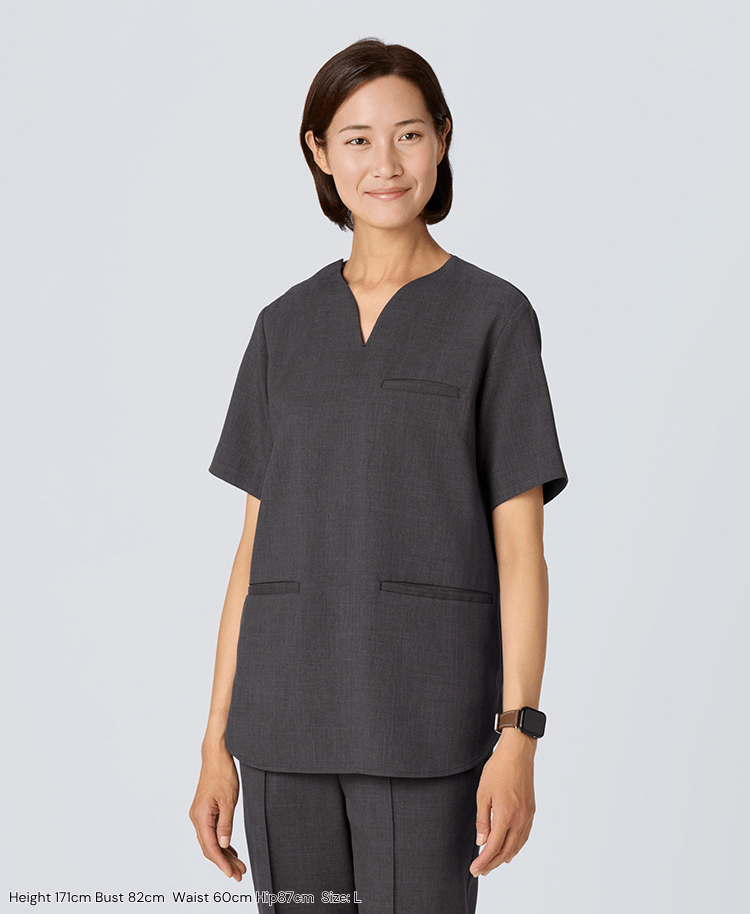 Womens:TRO Airy Dry Curve Neck Scrub Tops #color_Charcoal gray_end