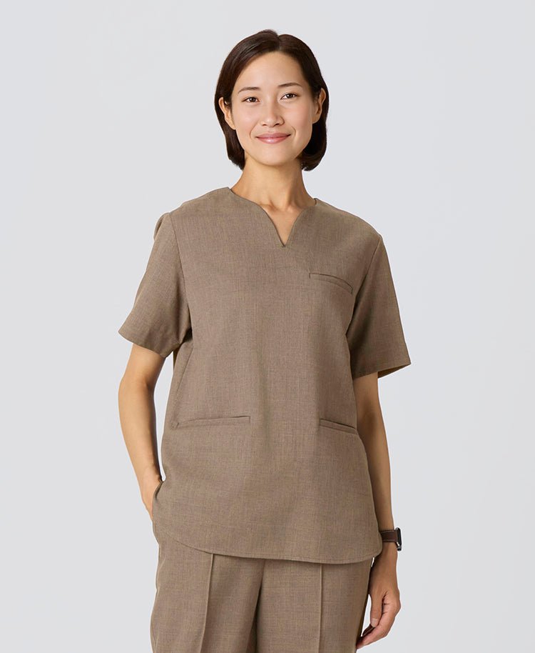 Womens:TRO Airy Dry Curve Neck Scrub Tops #color_Beige_end