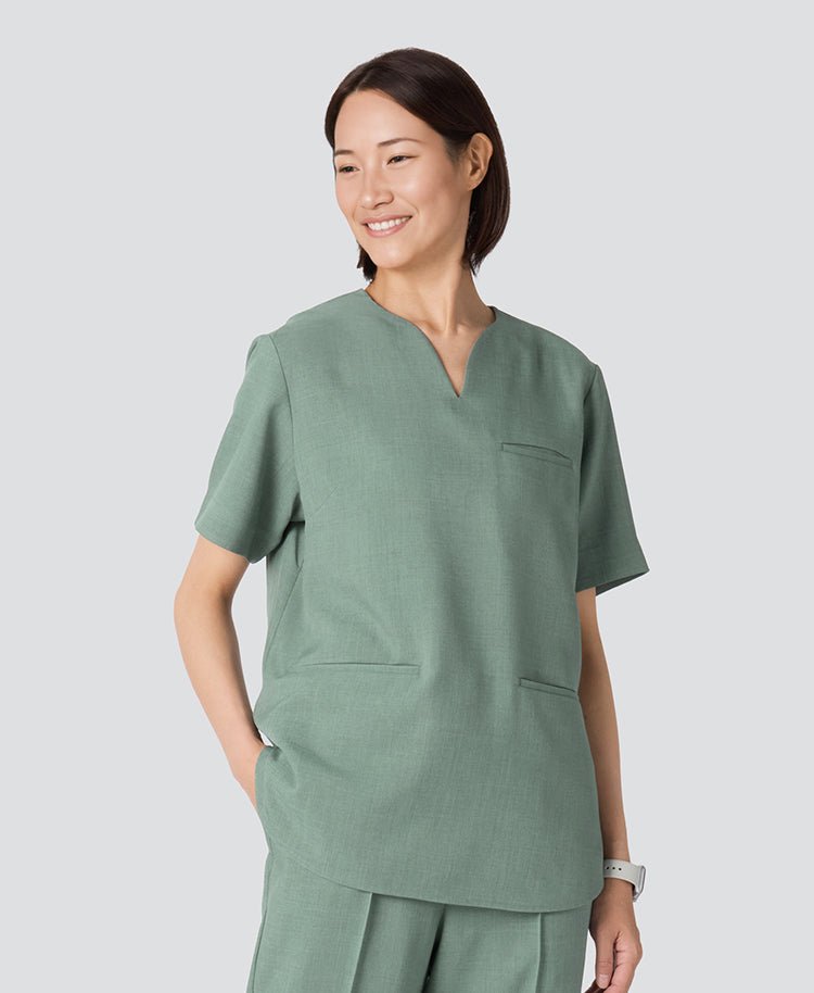 Womens:TRO Airy Dry Curve Neck Scrub Tops #color_Sage Green_end