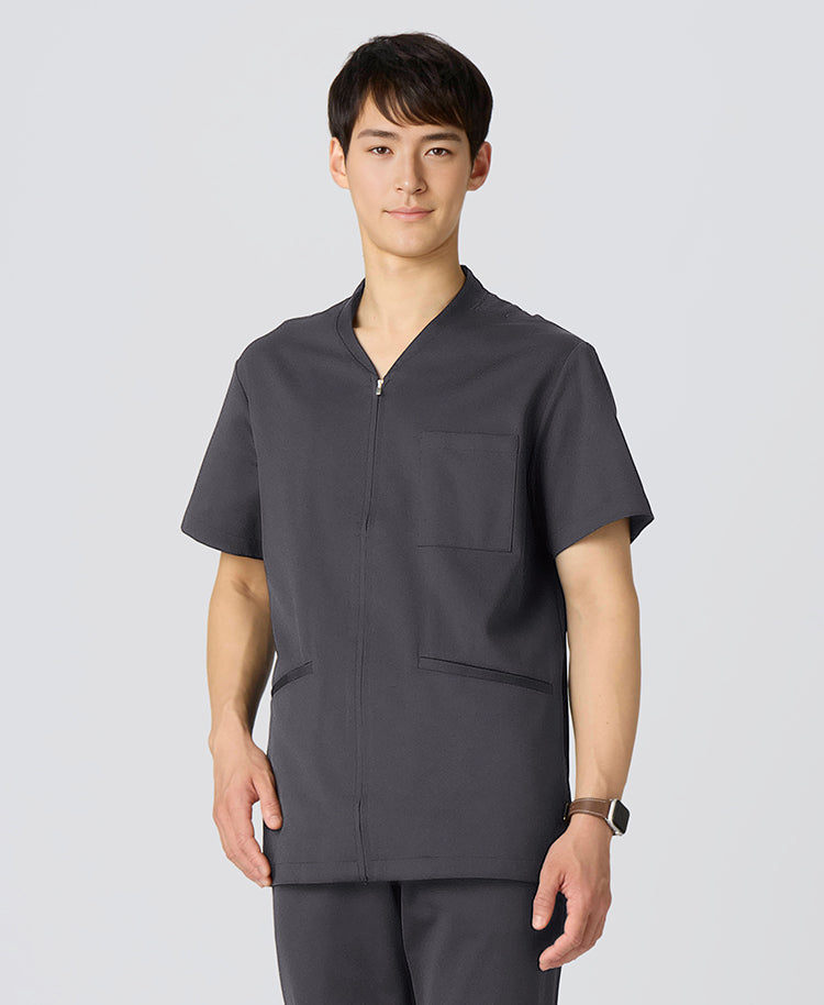 男士：奢華絲滑光澤前開式醫護服上衣