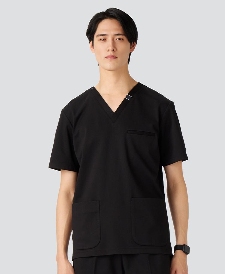 Mens:DECO Elegant Stretch Scrub Scrub Tops #color_Black_end