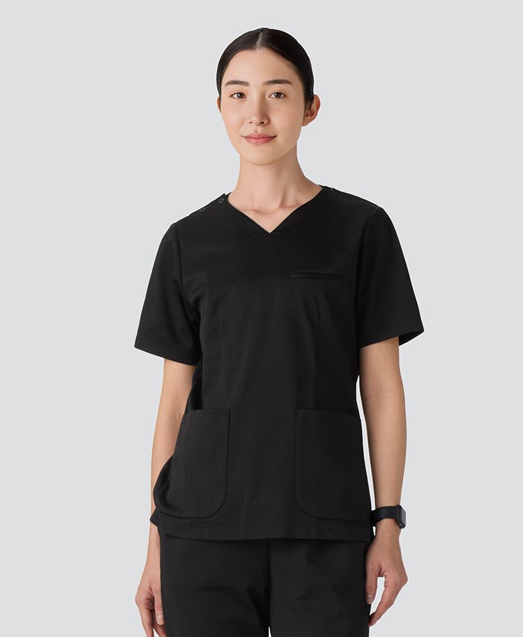 Womens:DECO Elegant Stretch Scrub Tops #color_Black_end